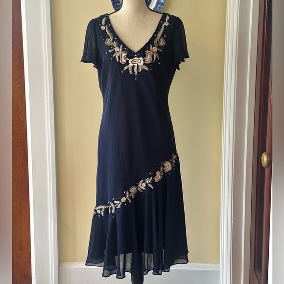 S.L. Fashions | 90’s Vintage Navy Blue Midi Dress with Embroidery and Beading - Picture 1 of 8